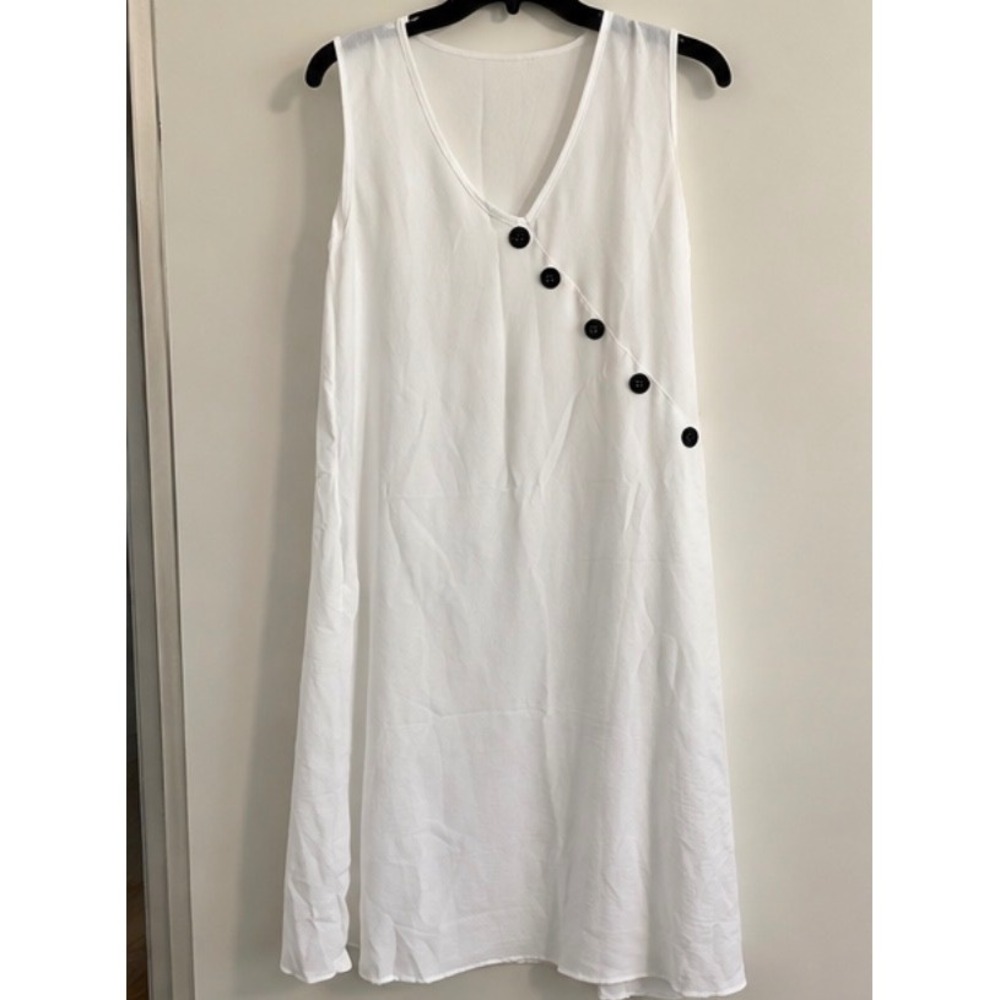 Unbranded White Textured Sleeveless Midi Dress V-Neck Diagonal Buttons Large